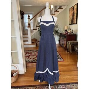 70s VTG Maxi Dress Blue Polka Dot Lace Tiered Prairie Cottagecore Unique XS S